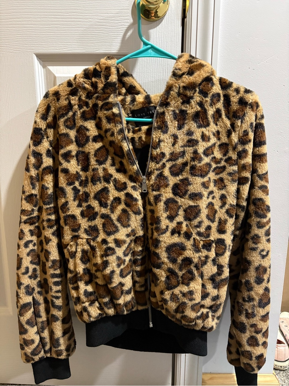 Love Tree Leopard Print Faux Fur Hooded Jacket - Tan, Black, Brown